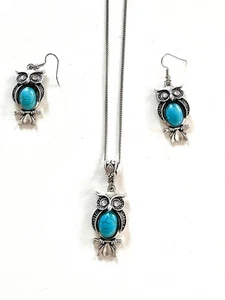 Owl Shape Jewelry Set Inlaid Turquoise With Pendant Necklace & Drop Earrings - Picture 1 of 4