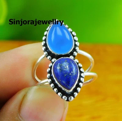 Anello in argento sterling 925 con pietra preziosa calcedonio e... - Immagine 1 di 4