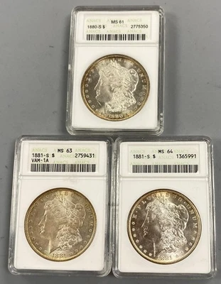 Morgan 3 ANACS US 90% plata $1 1880-s MS61 1881-S MS63 1881-S MS64 L23514 Foto 1 de 4