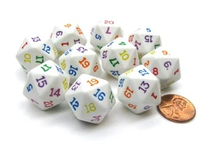 Set of 10 D20 19mm Opaque Rainbow Dice - White with Multicolor Numbers - Picture 1 of 1