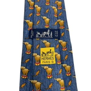 Hermes Mens Tie Circus Elephants & Mice Blue Silk 7681 TA 3.5" (W) x 57" (L) guc - Picture 1 of 11