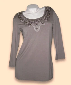 bpc selection  Shirt  Gr 40 42 M  Taupe mit Glitzer Steinen Applikationen neu - Bild 1 von 2