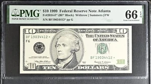 1999 $10 Federal Reserve Note Fr-2034-F* Atlanta PMG66 Gem EPQ - Picture 1 of 2