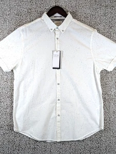 Denim and Flower Button Down Shirt Men's Size Large Speckled White Short Sleeve - Picture 1 of 9