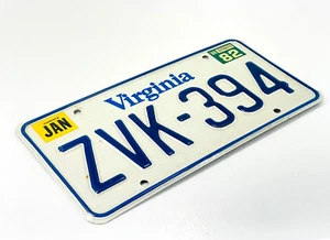 Vintage 1982 Virginia VA White State License Plate ZVK-394 Lot 1 - Picture 1 of 3