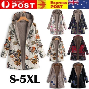 Women Winter Vintage Jacket Flowers Leaves Print Warm Fleece Lined Hooded Coat - Picture 1 of 18