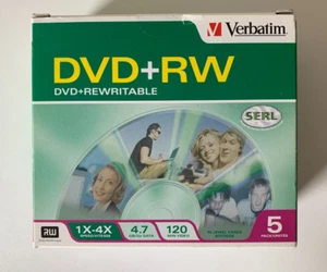 5PK Verbatim DVD+RW 4.7GB 4x Rewritable Blank Discs Media Storage w/ Jewel Case - Picture 1 of 7