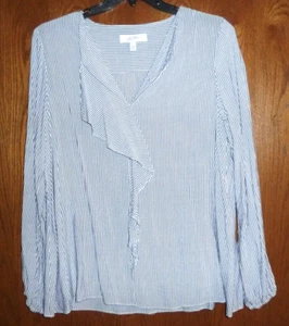 LIBBY EDELMEN - BLUE & WHITE STRIPED ASYMMETRIC-RUFFLED BLOUSE – MISSES L - Picture 1 of 3
