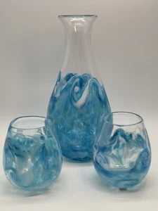 Art Glass Carafe And Wine Glass Set Signed Kyle Gribskov Blue Ocean Waves 2014 - Picture 1 of 24