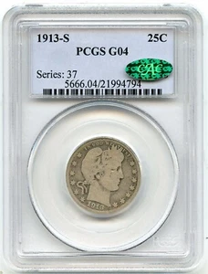 1913-S Barber Quarter, PCGS Good 04 CAC, Key Date, Attractive Silver Rare Coin! - Picture 1 of 2