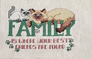 Cats Family Best Friends Found Vintage Finished Cross Stitch Project Unframed - Picture 1 of 23