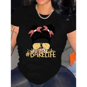 Ladies' round neck T-shirt with fashionable baking design and cute patterns - Picture 1 of 12