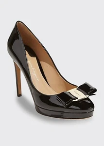 NIB FERRAGAMO OSIMO BLACK PATENT LEATHER VARA BOW LOGO PLATFORM PUMPS 9.5 B - Picture 1 of 12