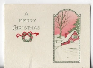 Vtg Christmas Card ART DECO 3x2.25 A Merry Christmas Red Brick House in Snow - Picture 1 of 3