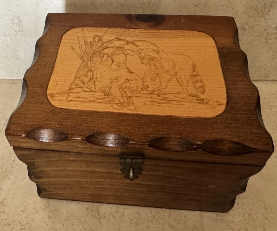 Vintage Wood Hinged RECIPE BOX for 3”x5” Cards HANDMADE Racoons UNIQUE Sturdy - Image 1 of 4