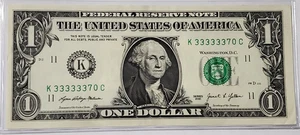 Billete de $1 de lujo número de serie trinario líder 6 en fila 6 roble (3 años) - K 33333370 C - Imagen 1 de 3