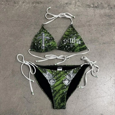 Y2K Sinful Affliction Grace 领带亮片比基尼套装绿色(M Top S Bottoms)  — 第 1/4 张图片