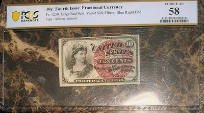 PCGS 58 FR 1259 Fractional Currency 10c, 1869 United States Fourth Issue - Image 1 of 2