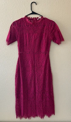 NWT Miami/Francesca's Lace Dress Size XS Sheath Midi Dress Fringe Accent Fuchsia - Image 1 of 4
