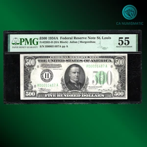 CA Fr.2202-H 1934A $500 FEDERAL RESERVE NOTE ST. Louis, PMG 55 About UNC, 51487 - Picture 1 of 2