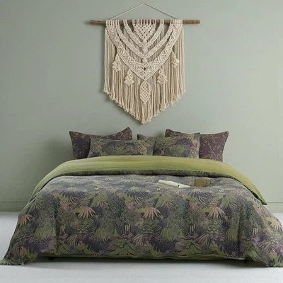 NEW Anthropologie Green Purple Floral Muslin Queen / King Bedding Duvet Sham Set - Image 1 of 4