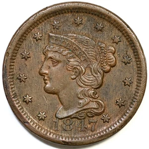1847 N-7 R-3 Obv Rim Cud Braided Hair Large Cent Coin 1c - Picture 1 of 2