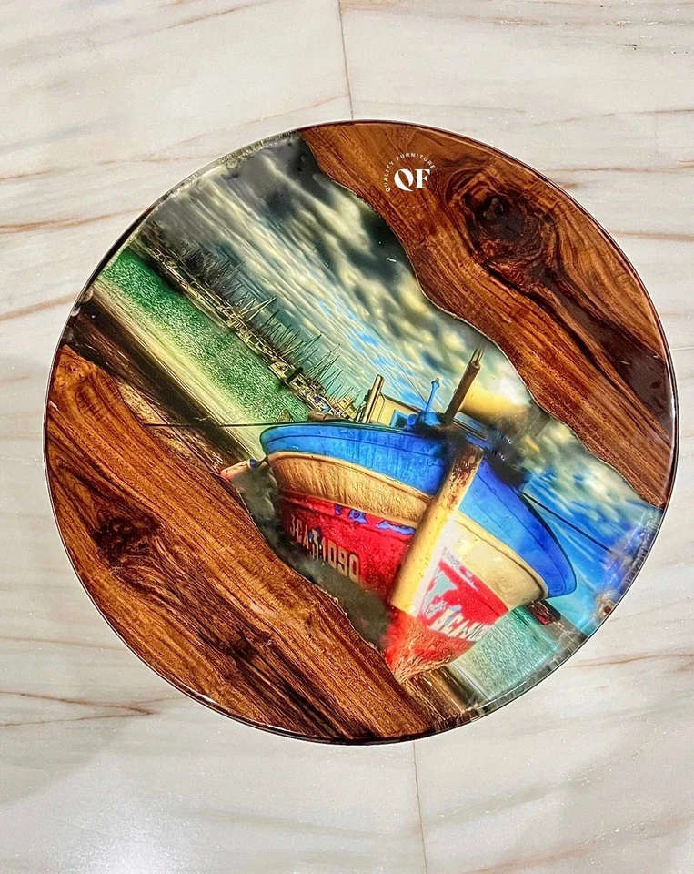 Resin Port View Teak Coffee Table, Round Epoxy Teak Wood Coffee Table, Live Edge - Image 1 of 4