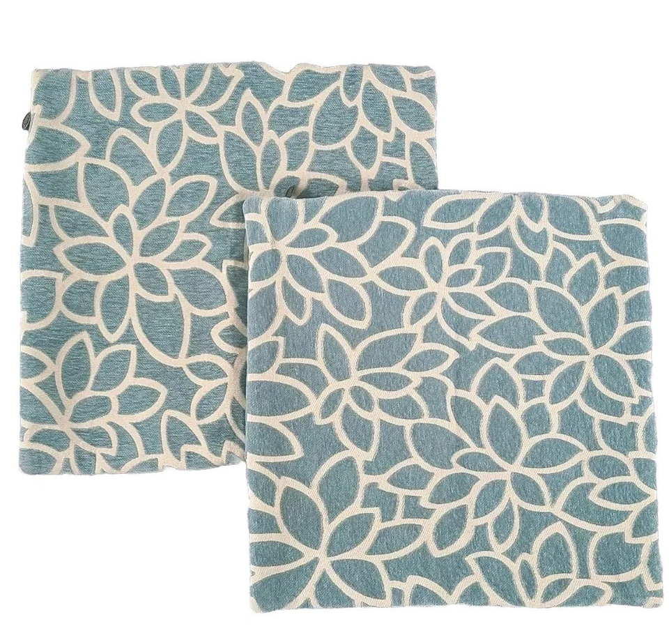 Pier 1 Imports Throw Pillow Covers X2 Aqua Tan Velour Pattern  Zip Pair 18x18" - Image 1 of 4