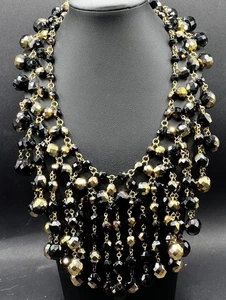 Roger Scemama Gold Jet Black Faceted Fringe Bead Bib Necklace Vintage France - Bild 1 von 16