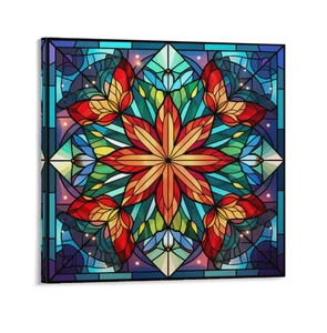 Impresión de arte de pared de lienzo de vitral Navidad flor de pascua regalo de vacaciones 16 x 16 - Imagen 1 de 4