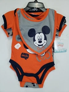 OFFICIAL DISNEY BABY 3 Piece BODY SUIT & BIB Set ORANGE GRAY Baby 3-6 Months NWT - Picture 1 of 8