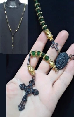 Collar Religioso Oro Verde Largo Rosario Cuentas Cadena Cruz Jesús Manos Rezando Foto 1 de 2