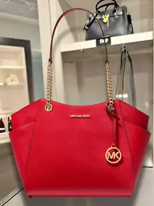 Michael Kors Jet Set Women Large Leather Shoulder Bag Bright Red Handbag Purse - Picture 1 of 5