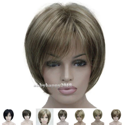 Elegantes pelucas naturales reales de pelo corto liso estilo BOB peluca completa sintética para mujer Foto 1 de 4