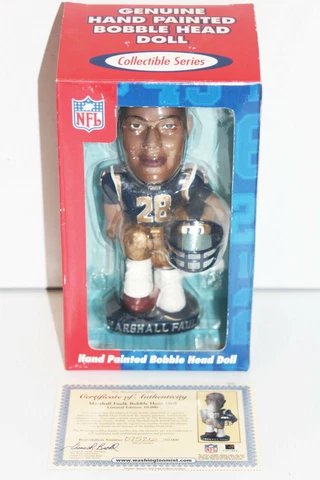 Marshall Faulk #28 - Hand Painted BobbleHead Doll w/ COA NFL St. Louis Rams MIB Cover