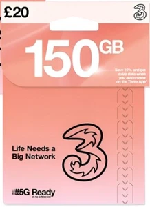 150GB Data + UNLIMITED UK Mins & Texts 5G Three Network SIM Card - NO CONTRACT - Picture 1 of 8