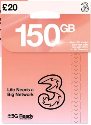 150GB Data + UNLIMITED UK Mins & Texts 5G Three Network SIM Card - NO CONTRACT - Image 1 of 4