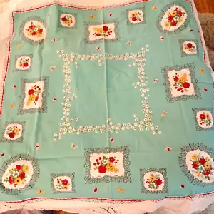 Vintage Tablecloth Cottage Floral Print Aqua Lady Bug 48x48 in Farmhouse READ - Picture 1 of 4