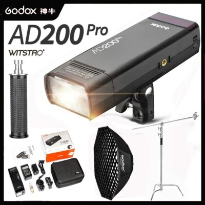 Godox AD200 Pro TTL Studioblitzgerät + Lampenhalter +140cm Softbox +C Ständer - Bild 1 von 4