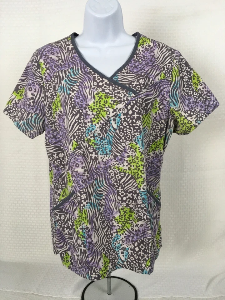 Scrub Star Womens Scrub Top Size M Purple Gray Front Pockets V neck Short Sleeve - Image 1 of 4