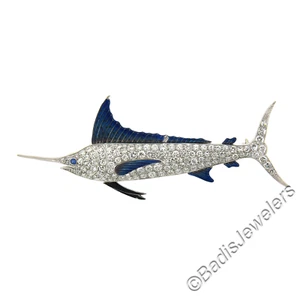 Vintage Platinum 3.5-4ctw Pave Diamond w/ Enamel Blue Marlin Detailed Pin Brooch - Picture 1 of 6