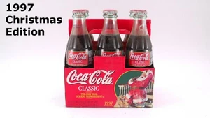 Coca Cola Coke Soda Pop Glass Bottles 6 pack 8 OZ FULL with Carrier 1997 Xmas - Picture 1 of 10