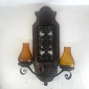 Vintage Spanish Wall Sconce Amber Glass Candle Holders Wood Metal 17.5" x 12" - Picture 1 of 6