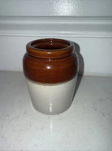 Vintage Brown White Mini 4” Stoneware Crock - Picture 1 of 3