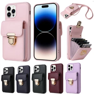For iphone 16 15 14 pro max plus Crossbody Case Leather Wallet Card Pocket Cover - Picture 1 of 15