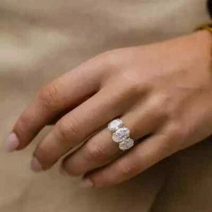 5ct Lab Created Oval Cut Diamond Three-Stone Women's Ring 14K Yellow Gold Plated - Picture 1 of 11