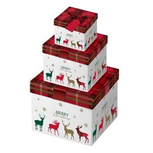 Weihnachtsgeschenkboxen 3er Pack Abhebedeckel mit Band 12cm 14cm 16cm - Rentiere - Bild 1 von 3
