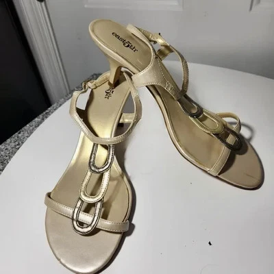 East 5th Beige w/ Gold & Silver Accents Kitten Heel Strappy Sandals Size 10M - Image 1 of 4