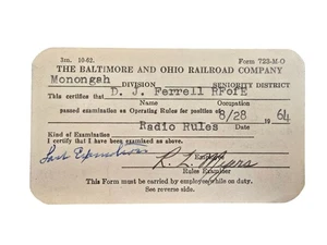 1964 Baltimore Ohio Railroad Employee Certificate Radio Rules Monongah Division - Picture 1 of 4