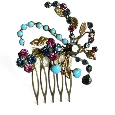 Gold Floral Hair Comb Vintage Jewelry Repurposed Bridal Turquoise Pink Accent - Image 1 of 2